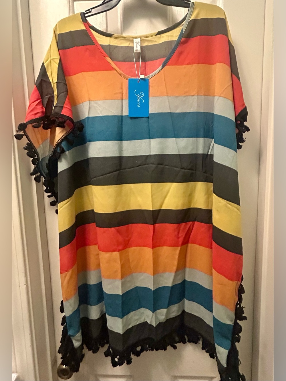 NWT Multicolor Striped Tassel Kaftan Fringe Tunic Cover up Dress